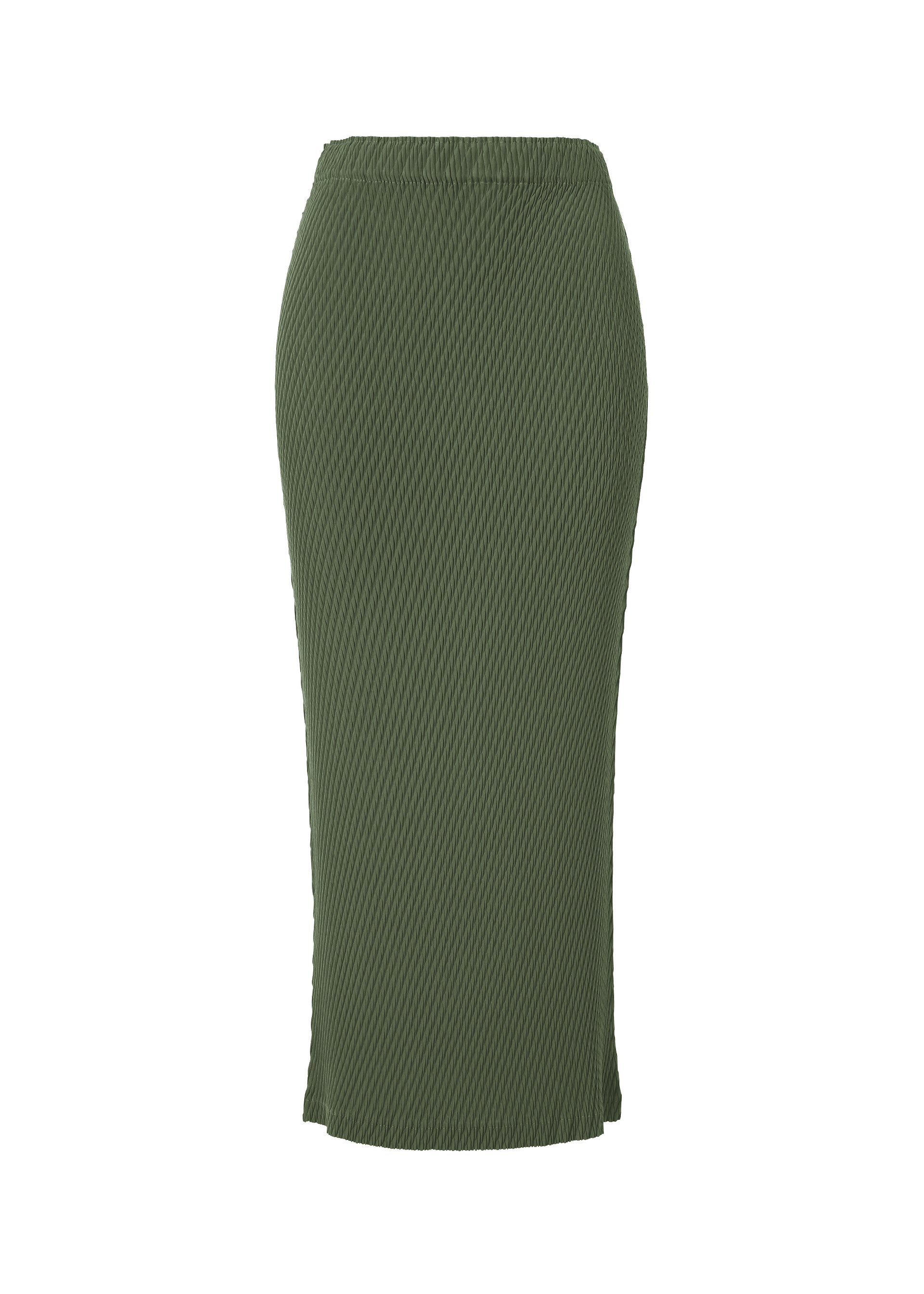 A product shot of the ISSEY MIYAKE RHOMBUS PLEATS skirt in dark green (63).