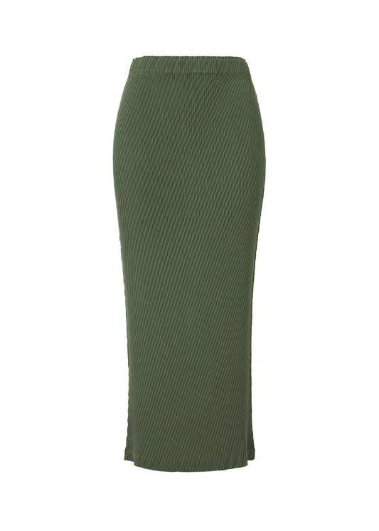 A product shot of the ISSEY MIYAKE RHOMBUS PLEATS skirt in dark green (63).