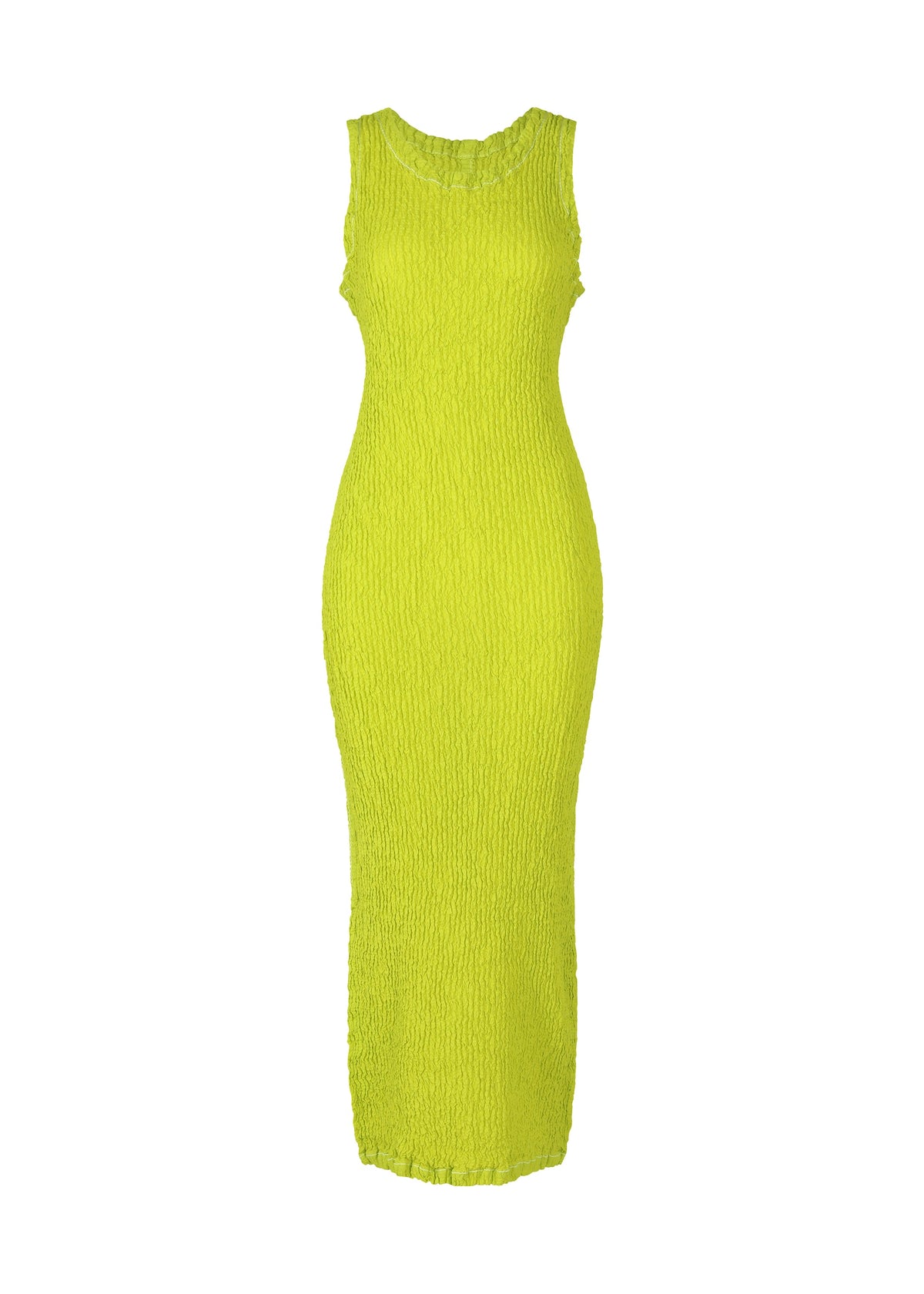 A product shot of the ISSEY MIYAKE WAVELET ENSEMBLE dress in parakeet green (64).