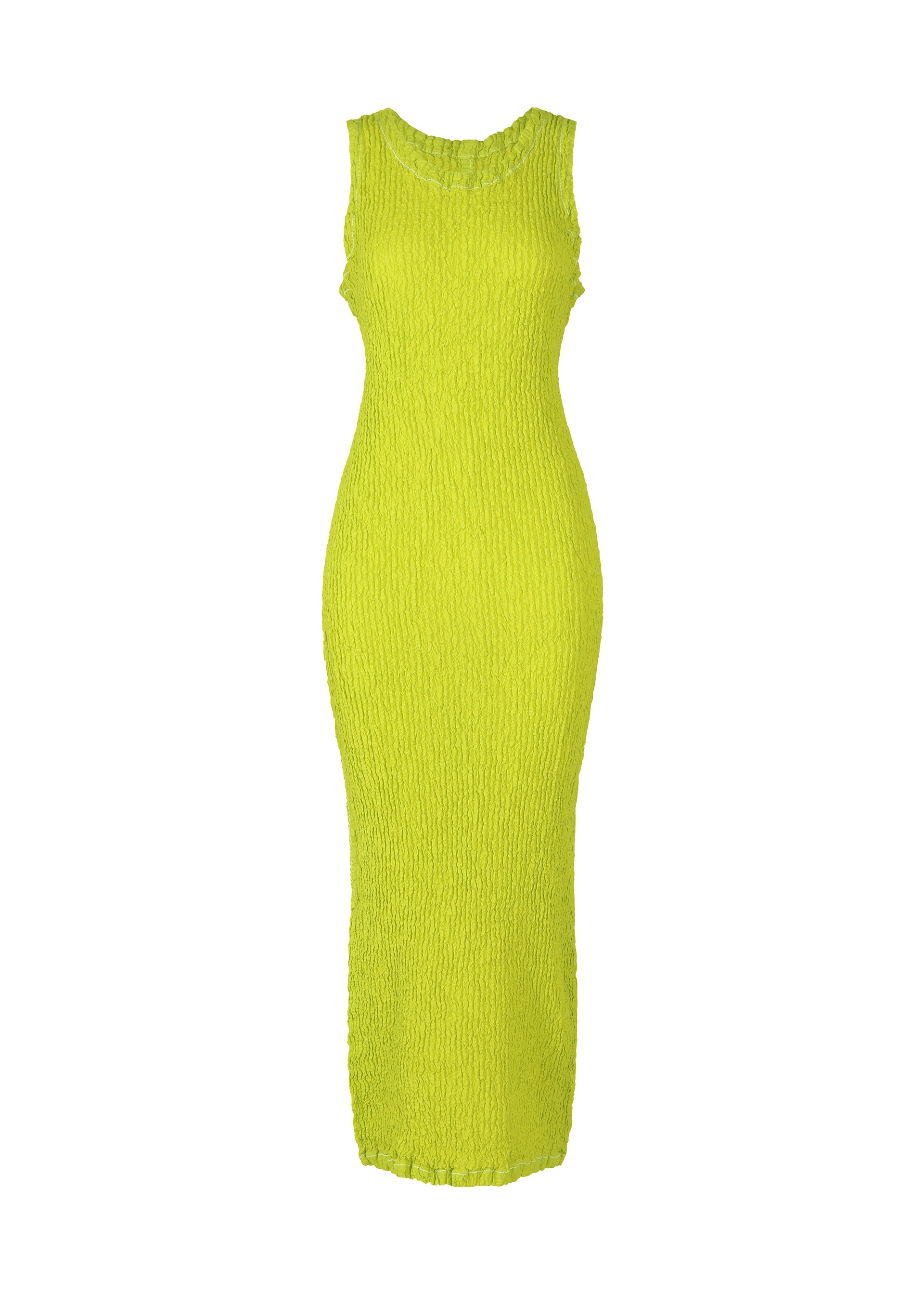 A product shot of the ISSEY MIYAKE WAVELET ENSEMBLE dress in parakeet green (64).