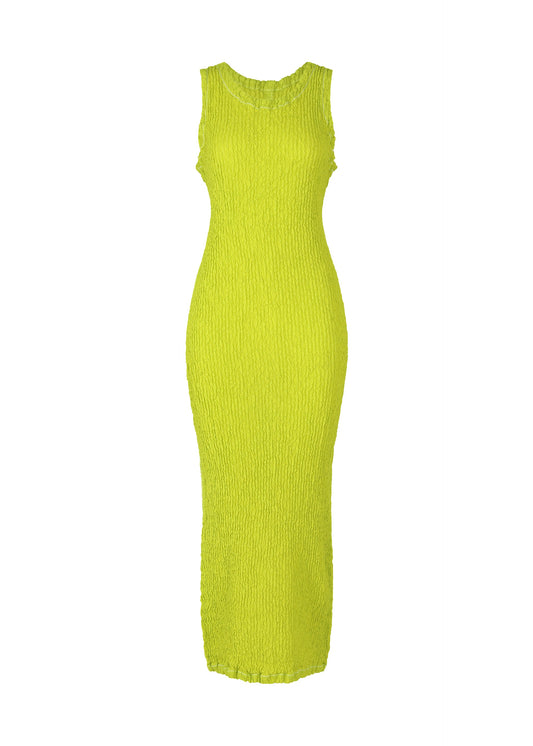 A product shot of the ISSEY MIYAKE WAVELET ENSEMBLE dress in parakeet green (64).