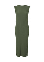 A product shot of the ISSEY MIYAKE RHOMBUS PLEATS dress in dark green (63).