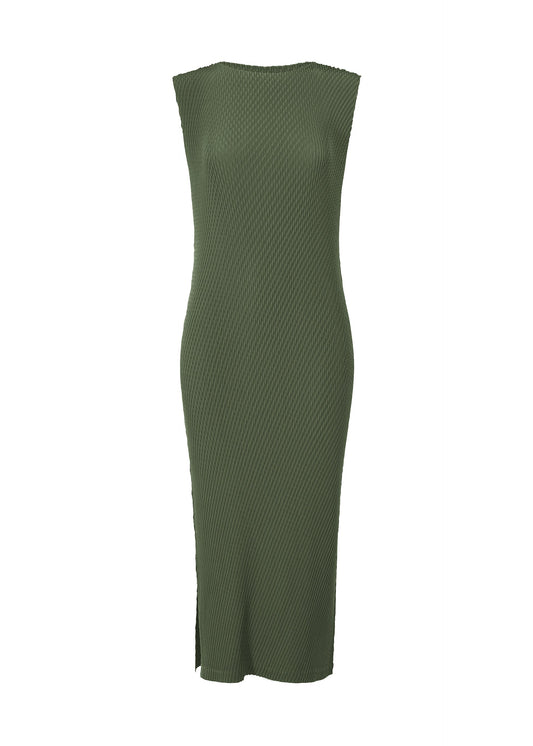 A product shot of the ISSEY MIYAKE RHOMBUS PLEATS dress in dark green (63).