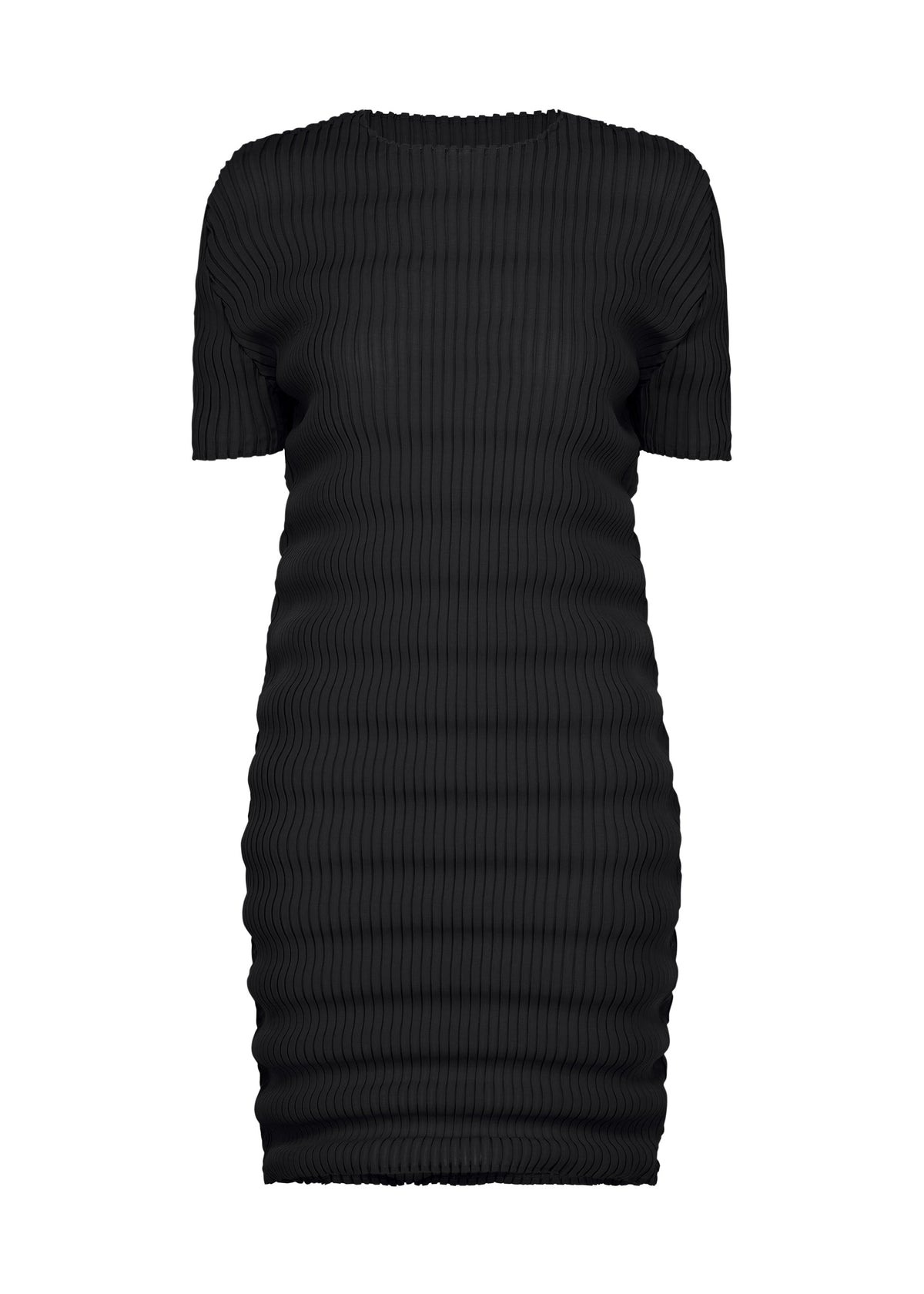 A product shot of the ISSEY MIYAKE SPRING PLEATS dress in black.