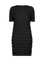 A product shot of the ISSEY MIYAKE SPRING PLEATS dress in black.