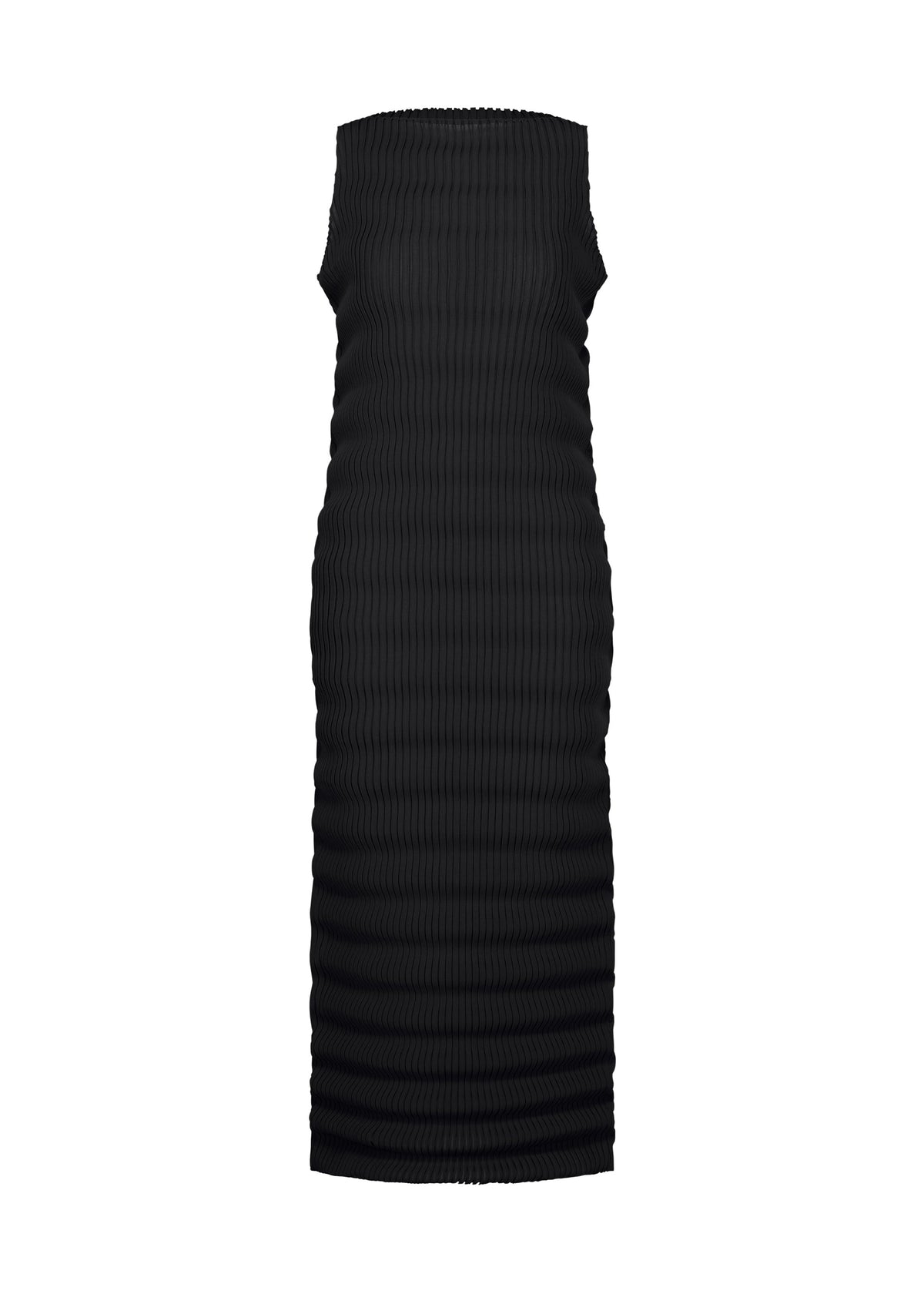 A product shot of the ISSEY MIYAKE SPRING PLEATS dress in black.