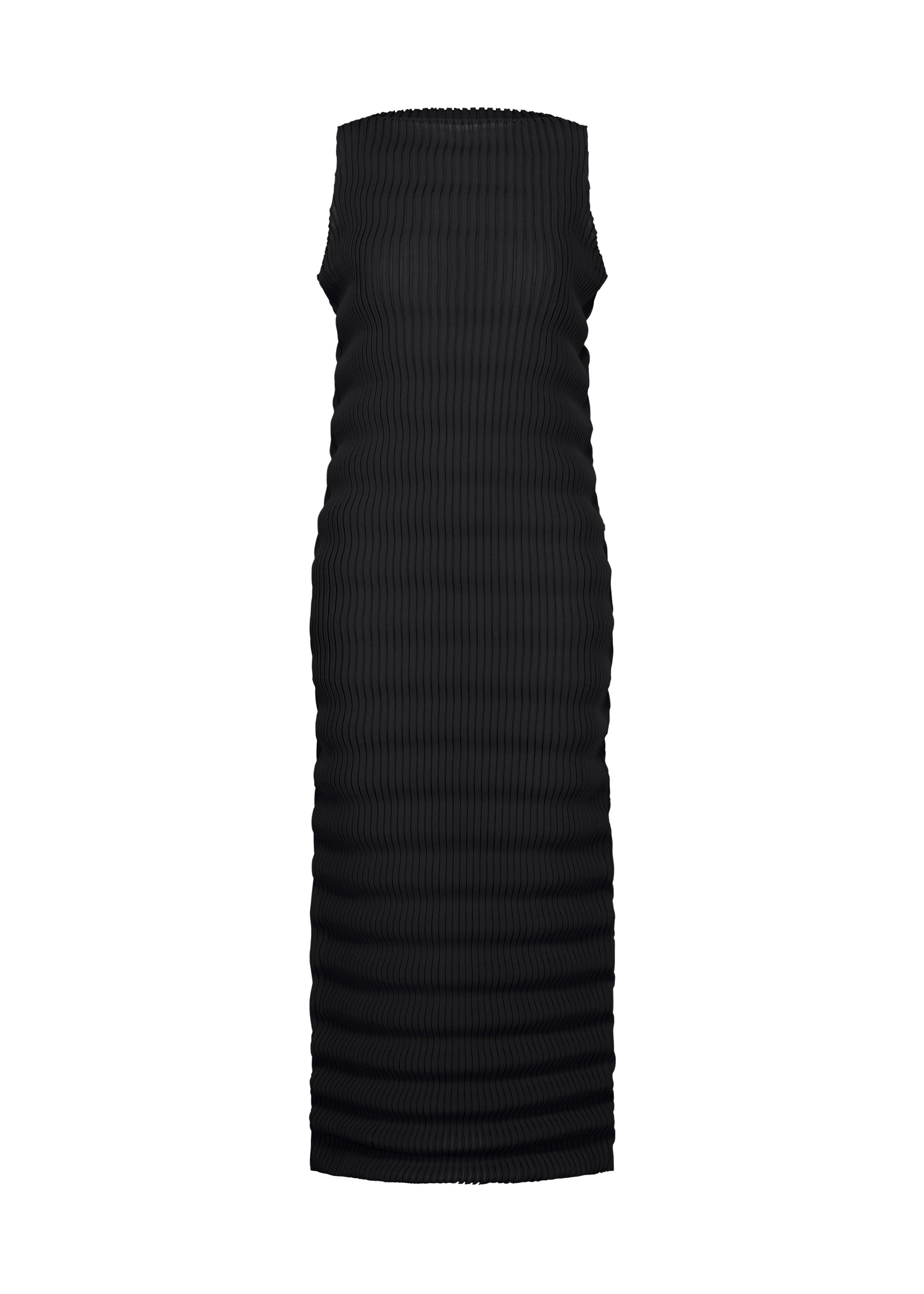 A product shot of the ISSEY MIYAKE SPRING PLEATS dress in black.
