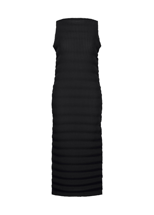 A product shot of the ISSEY MIYAKE SPRING PLEATS dress in black.