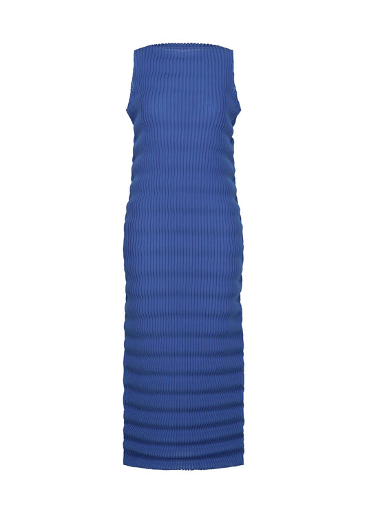 A product shot of the ISSEY MIYAKE SPRING PLEATS dress in starling blue.