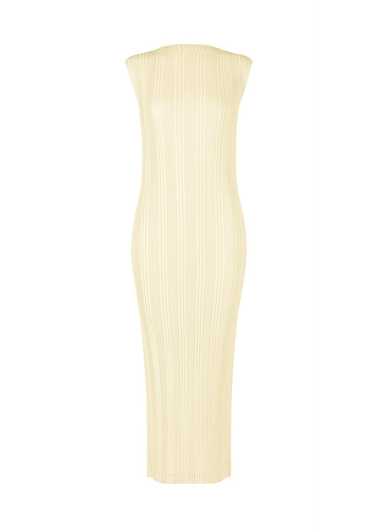 A product shot of the ISSEY MIYAKE LINEN LIKE RIB PLEATS dress in ivory (03).