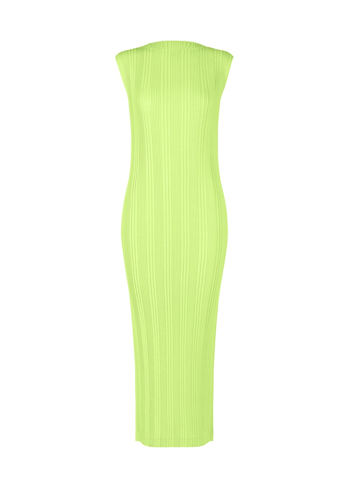 A product shot of the ISSEY MIYAKE LINEN LIKE RIB PLEATS dress in lime green (60).