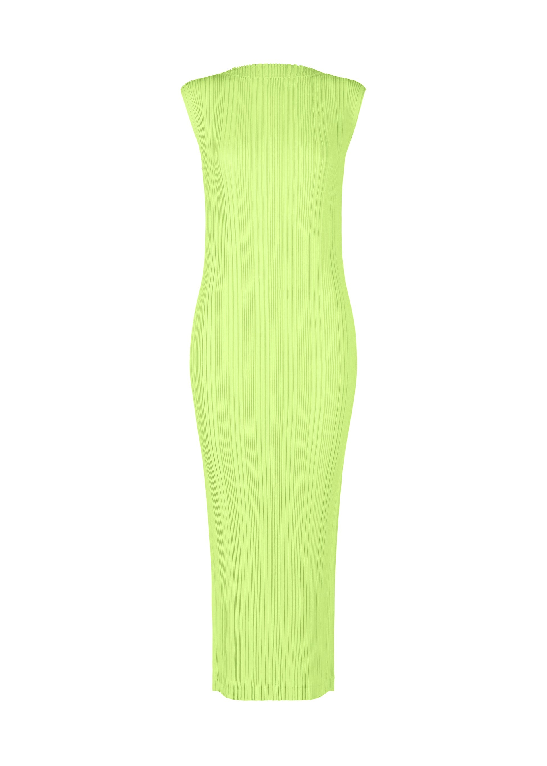 A product shot of the ISSEY MIYAKE LINEN LIKE RIB PLEATS dress in lime green (60).