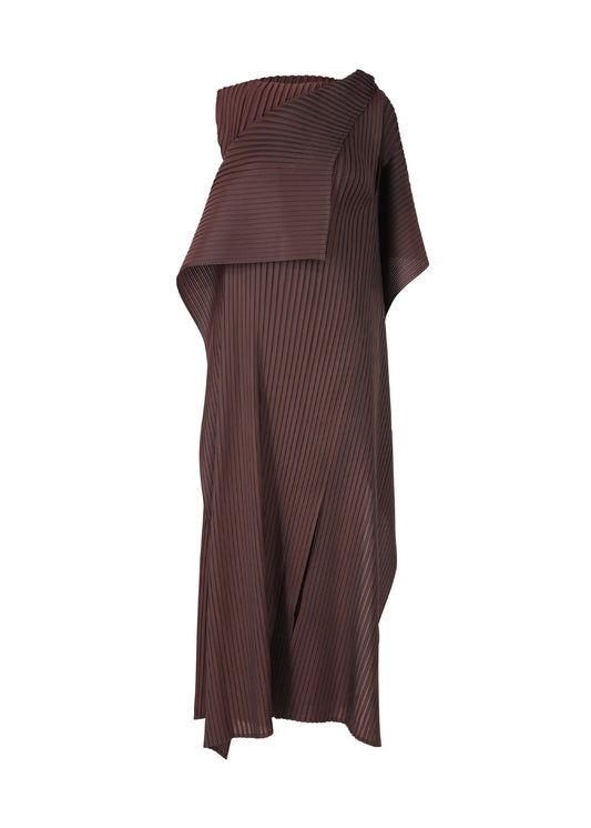 A product shot of the ISSEY MIYAKE PLEATED ON PLEATS dress in burgundy (85).