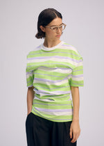 A model wears the ISSEY MIYAKE GENERIC WEAR STRIPES shirt.
