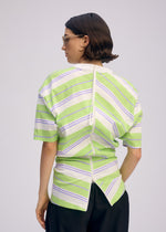 A model wears the ISSEY MIYAKE GENERIC WEAR STRIPES shirt.