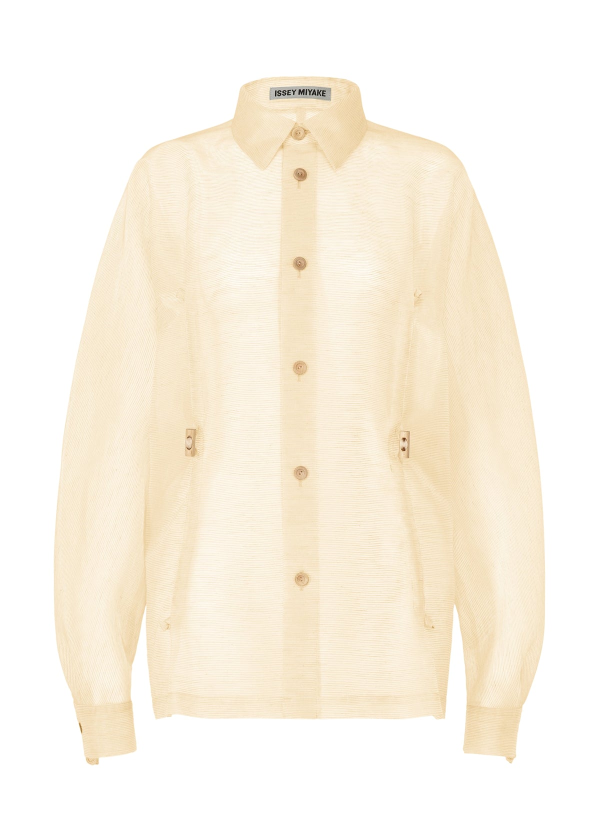 A product shot of the ISSEY MIYAKE DRAW TO FORM shirt in emu beige (48).