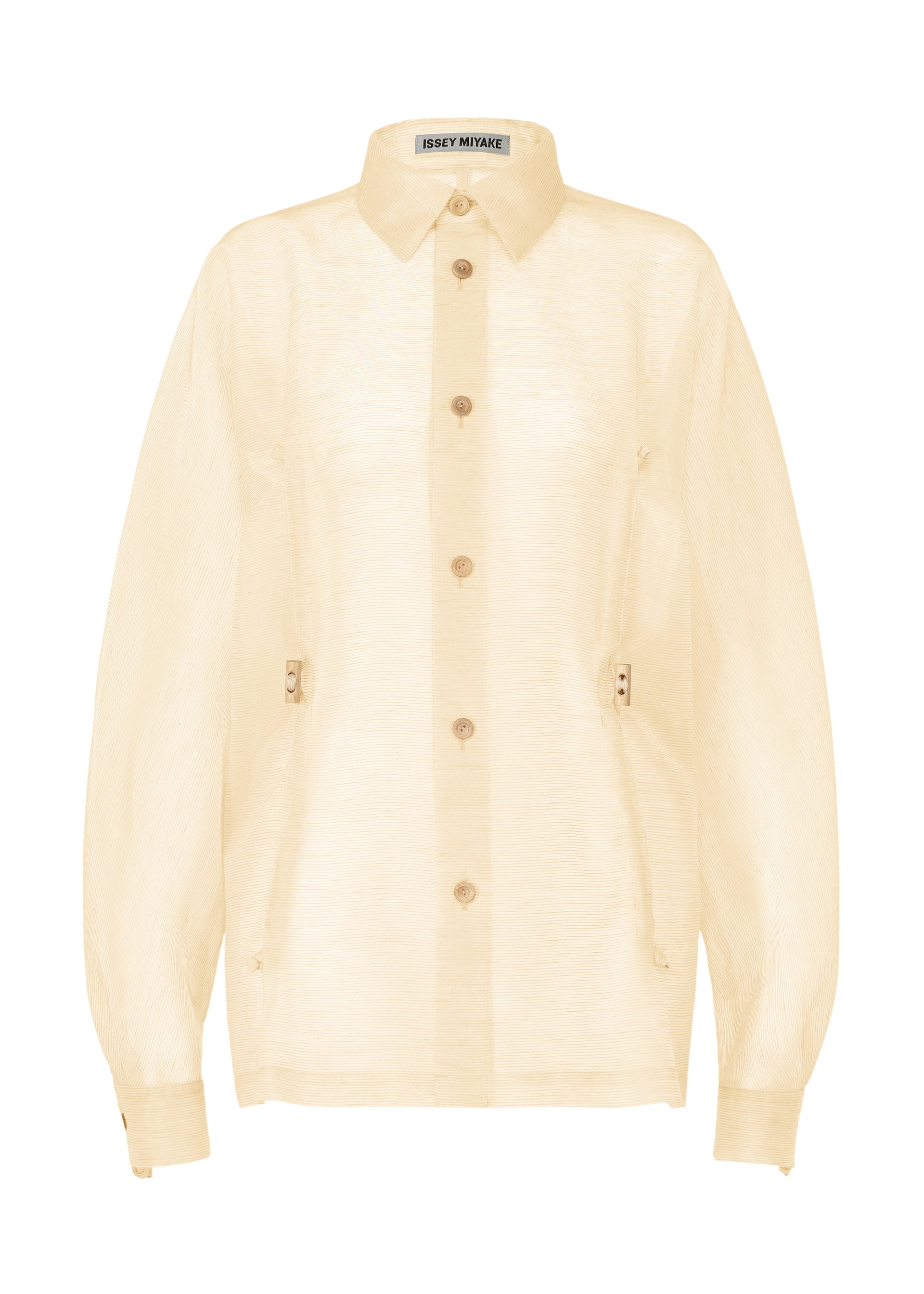 A product shot of the ISSEY MIYAKE DRAW TO FORM shirt in emu beige (48).