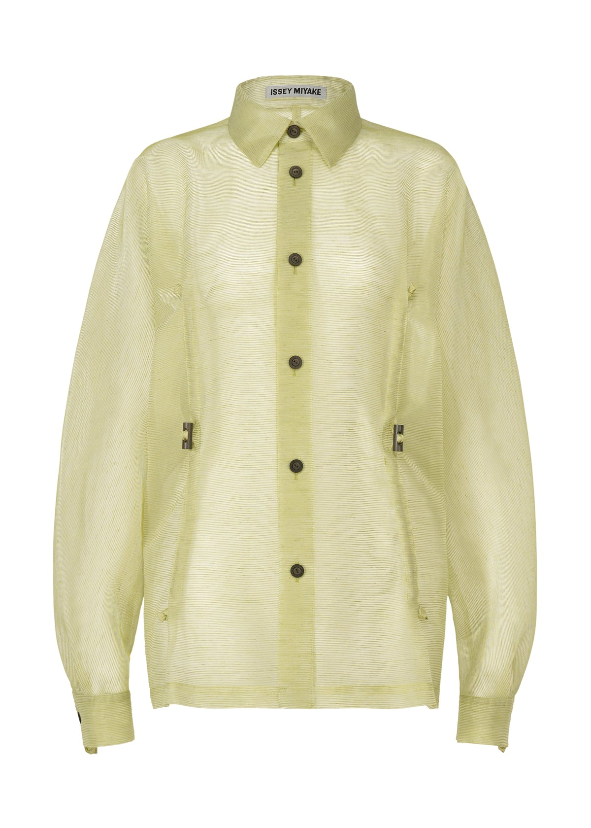 A product shot of the ISSEY MIYAKE DRAW TO FORM shirt in olive (68).