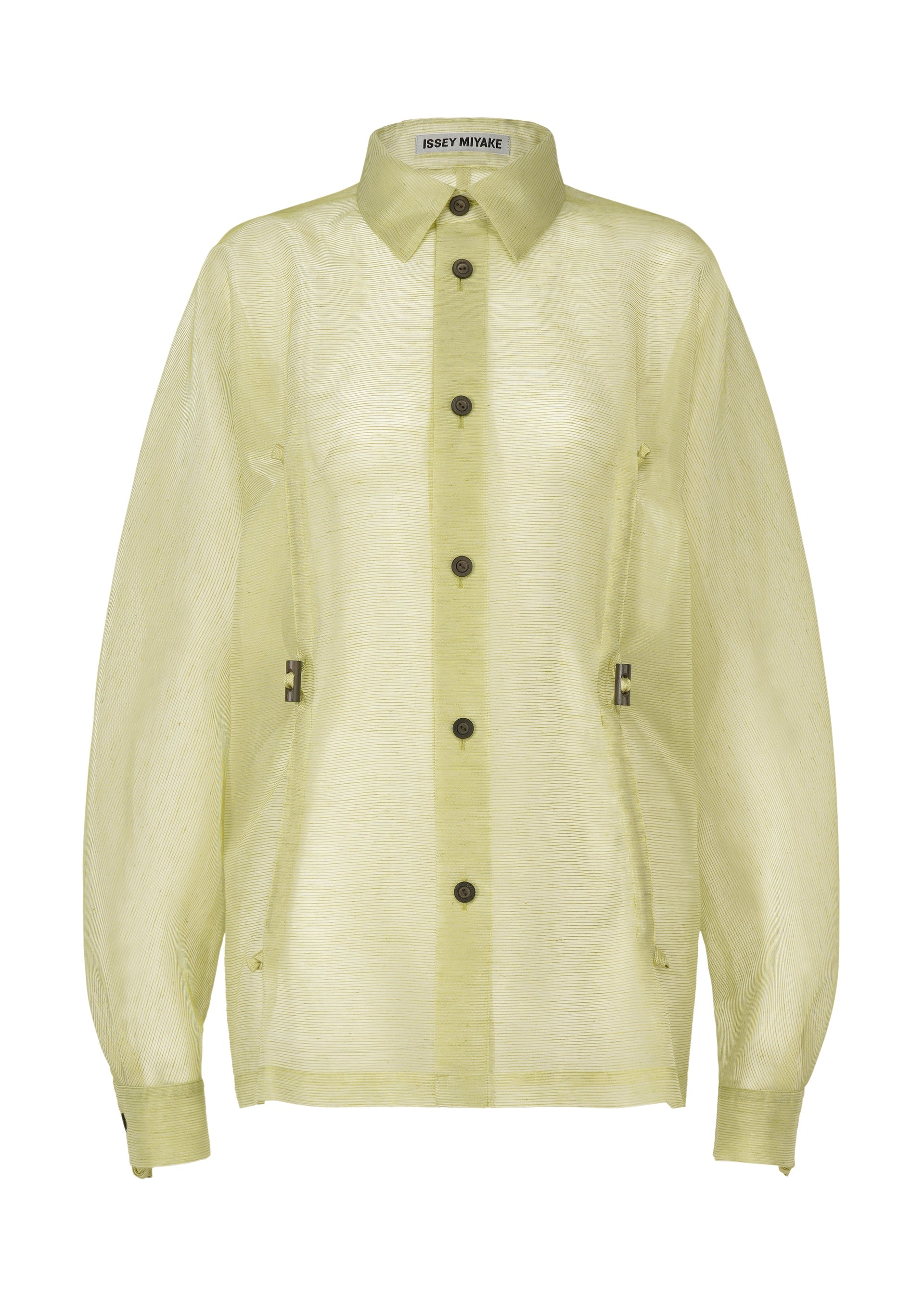 A product shot of the ISSEY MIYAKE DRAW TO FORM shirt in olive (68).