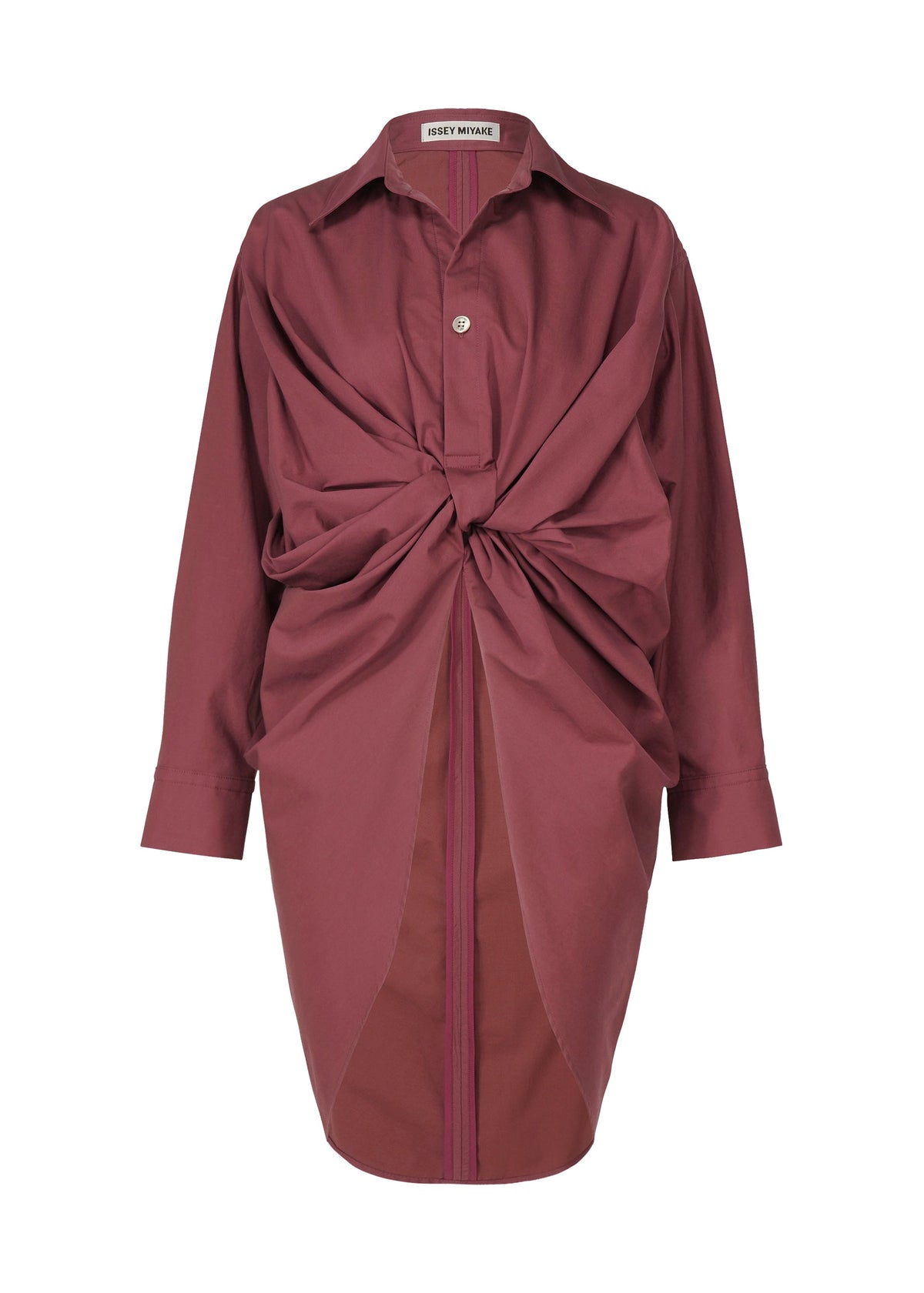 A product shot of the ISSEY MIYAKE TWISTED DRAPE shirt in burgundy (85).