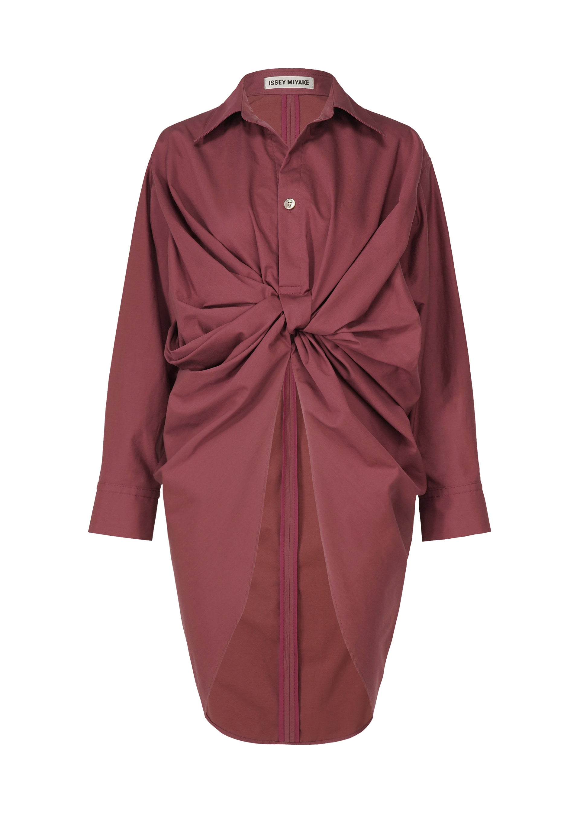 A product shot of the ISSEY MIYAKE TWISTED DRAPE shirt in burgundy (85).