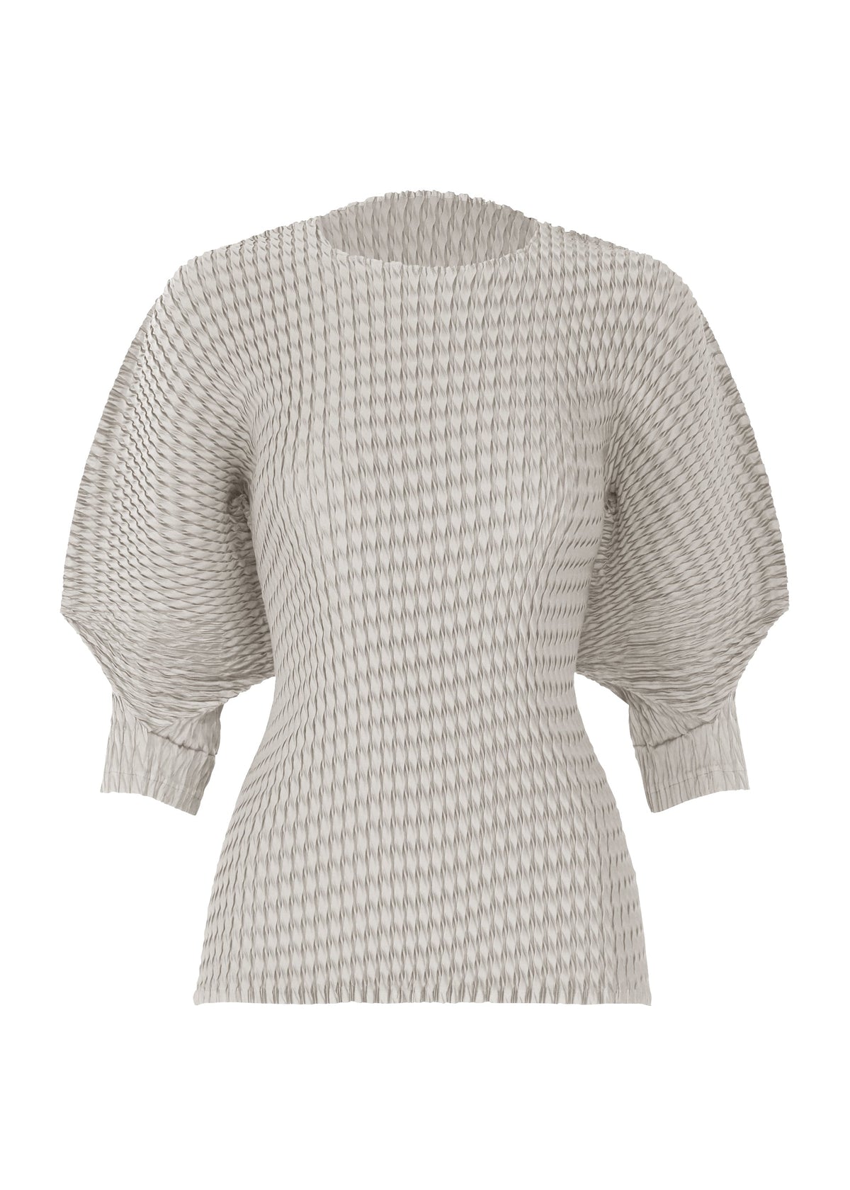 A product shot of the ISSEY MIYAKE SLEEK PLEATS shirt in light gray.