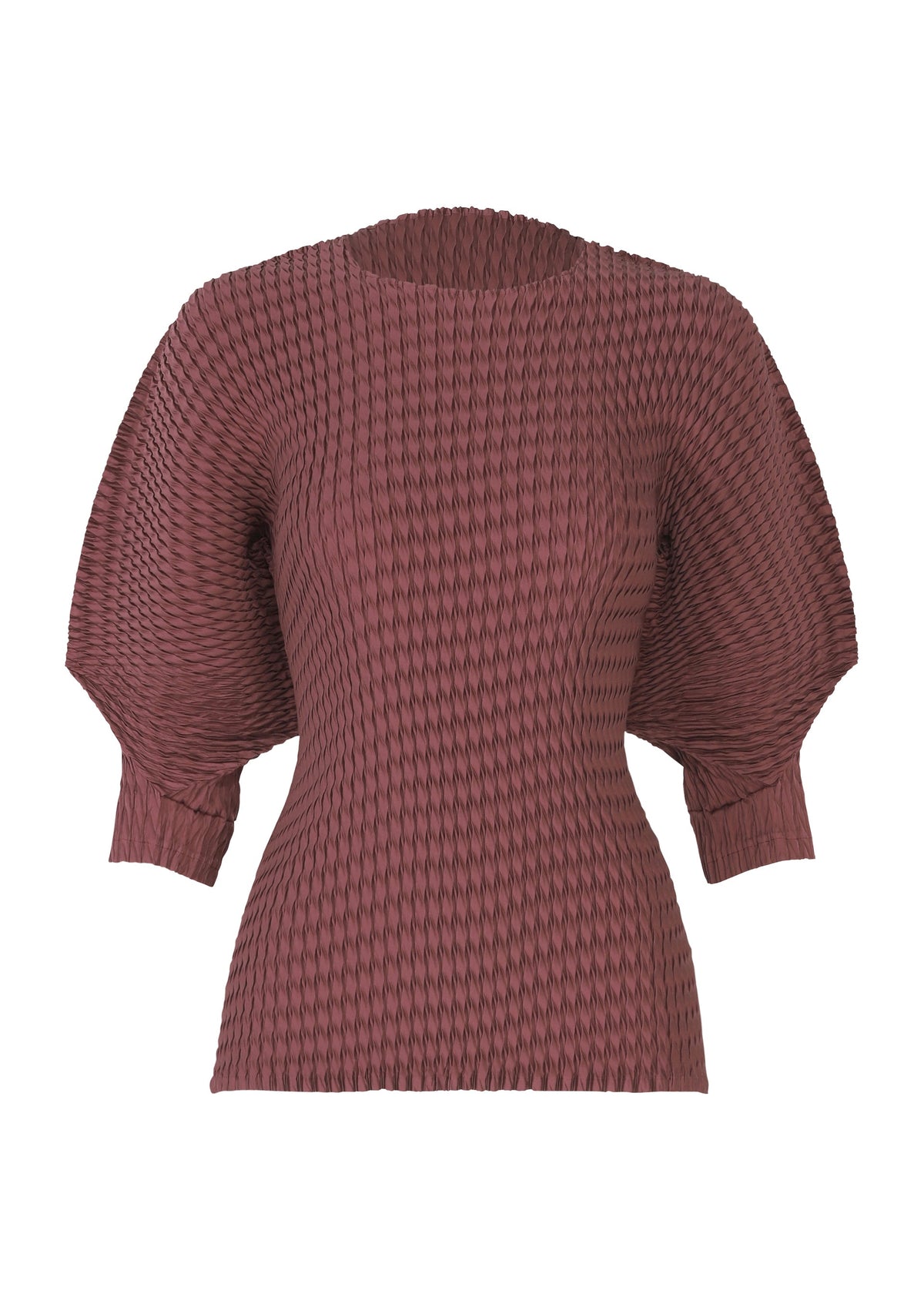 A product shot of the ISSEY MIYAKE SLEEK PLEATS shirt in burgundy.