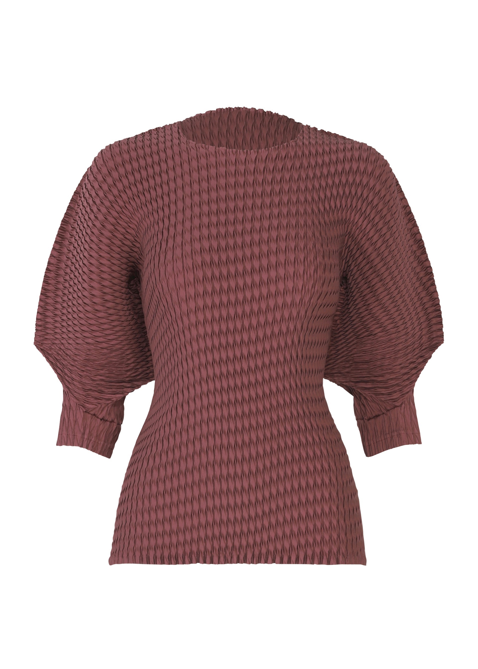 A product shot of the ISSEY MIYAKE SLEEK PLEATS shirt in burgundy.