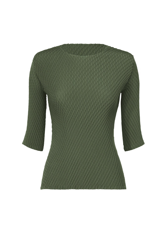 A product shot of the ISSEY MIYAKE RHOMBUS PLEATS shirt in dark green (63).