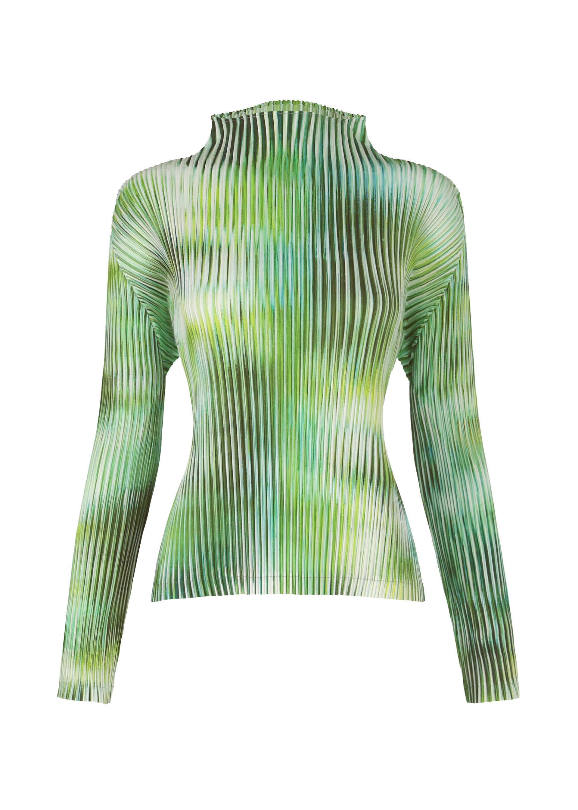 A product shot of the ISSEY MIYAKE OBSCURE PLEATS clothing in green-hued (66).