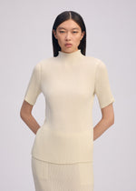 A model wears the ISSEY MIYAKE HATCHING PLEATS shirt.