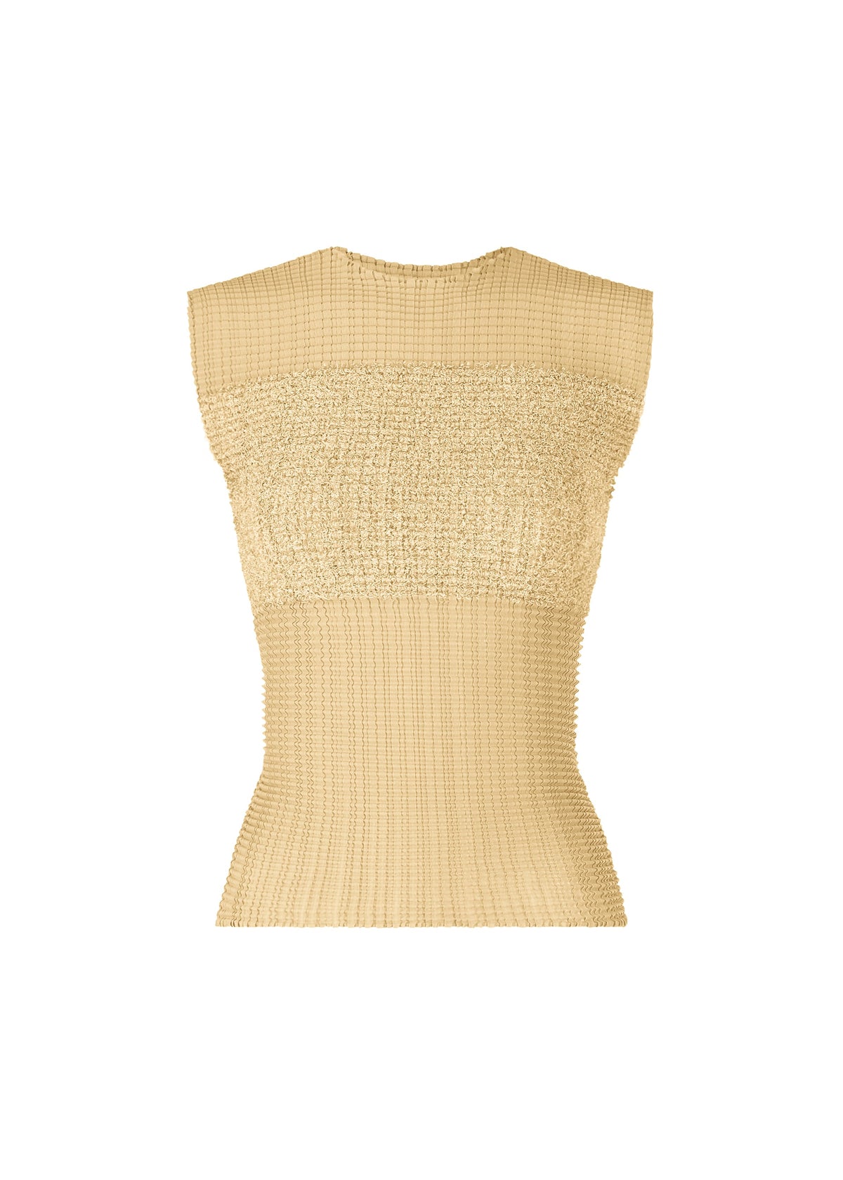 A product shot of the ISSEY MIYAKE SHEER FUZZY PLEATS shirt in egg beige (49).