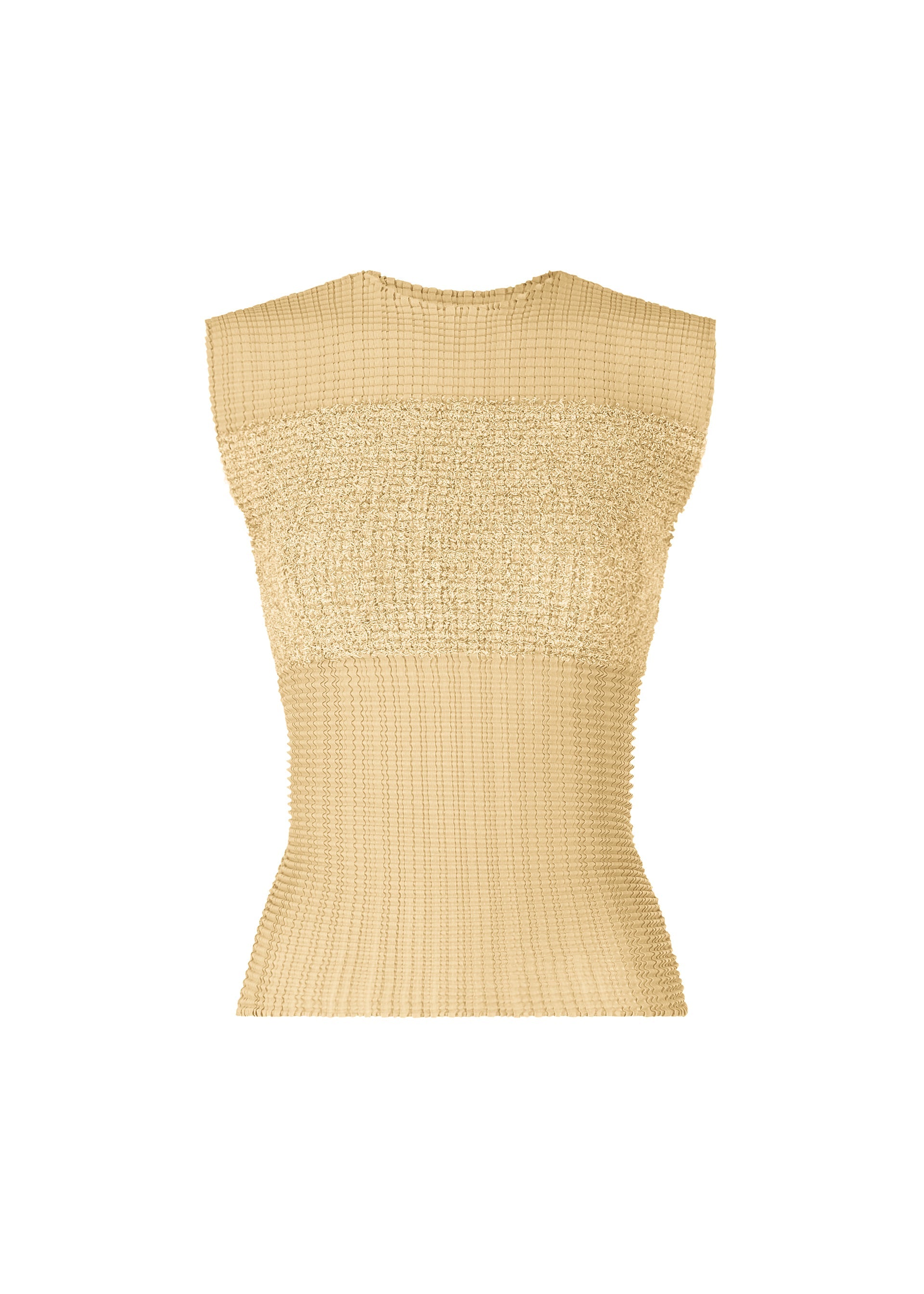 A product shot of the ISSEY MIYAKE SHEER FUZZY PLEATS shirt in egg beige (49).