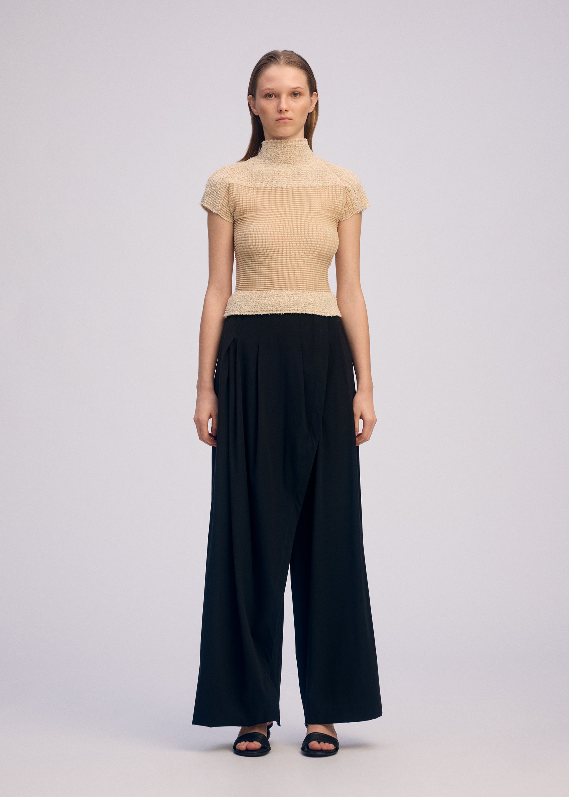 SHEER FUZZY PLEATS High neckline Top Egg Beige – The official