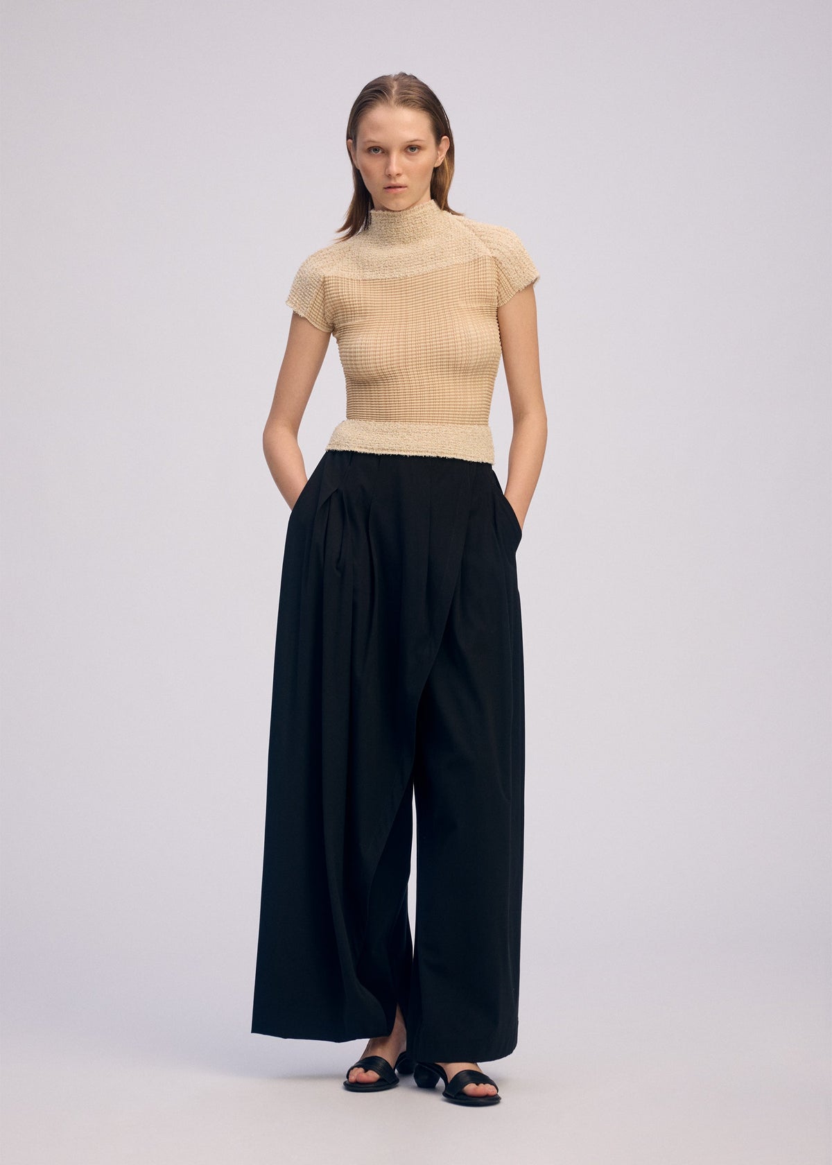 A model wears the ISSEY MIYAKE SHEER FUZZY PLEATS shirt.