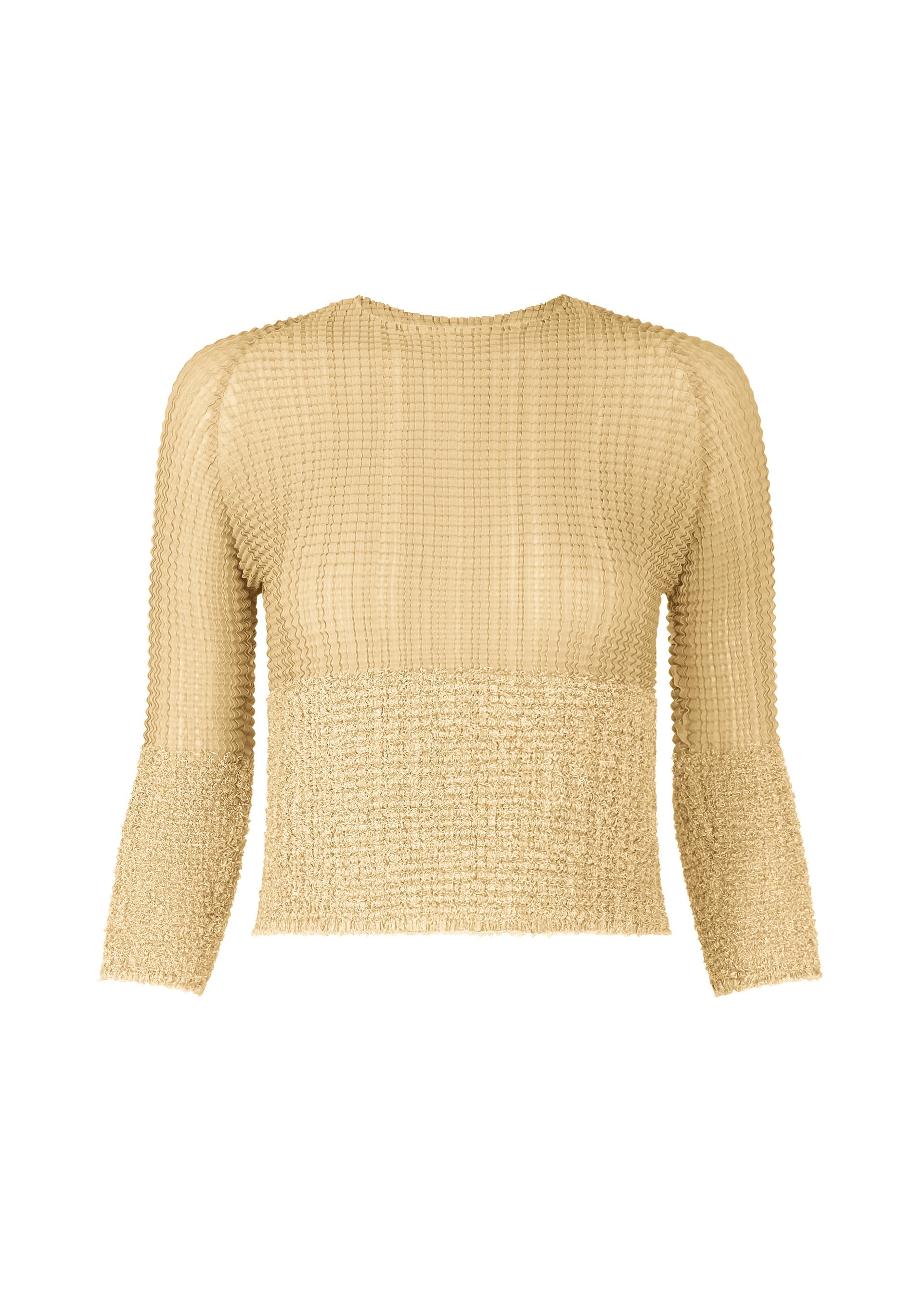 A product shot of the ISSEY MIYAKE SHEER FUZZY PLEATS shirt in egg beige (49).