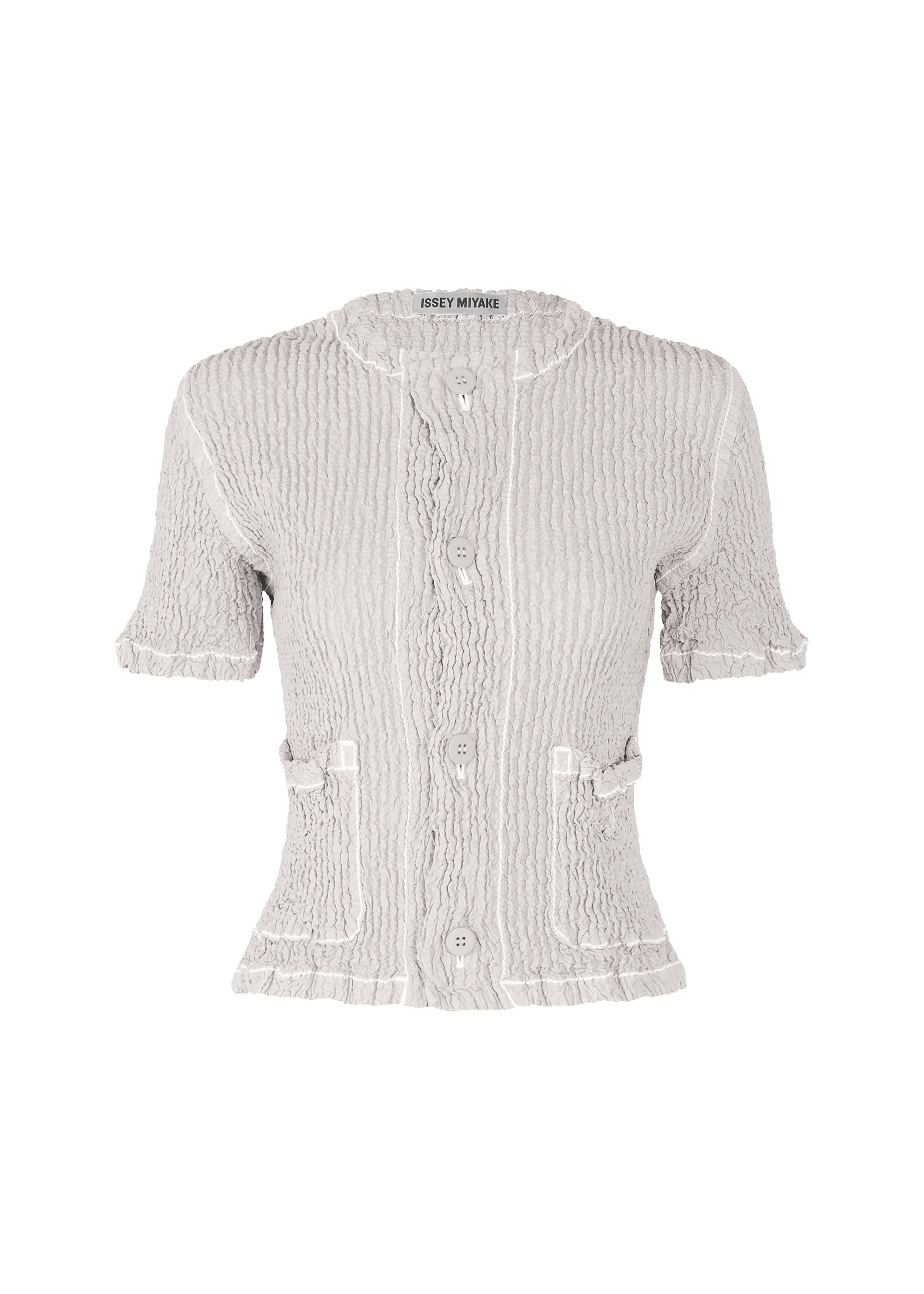 A product shot of the ISSEY MIYAKE WAVELET ENSEMBLE cardigan in light grey (11).