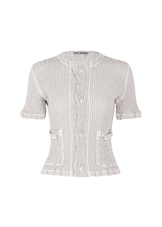 A product shot of the ISSEY MIYAKE WAVELET ENSEMBLE cardigan in light grey (11).