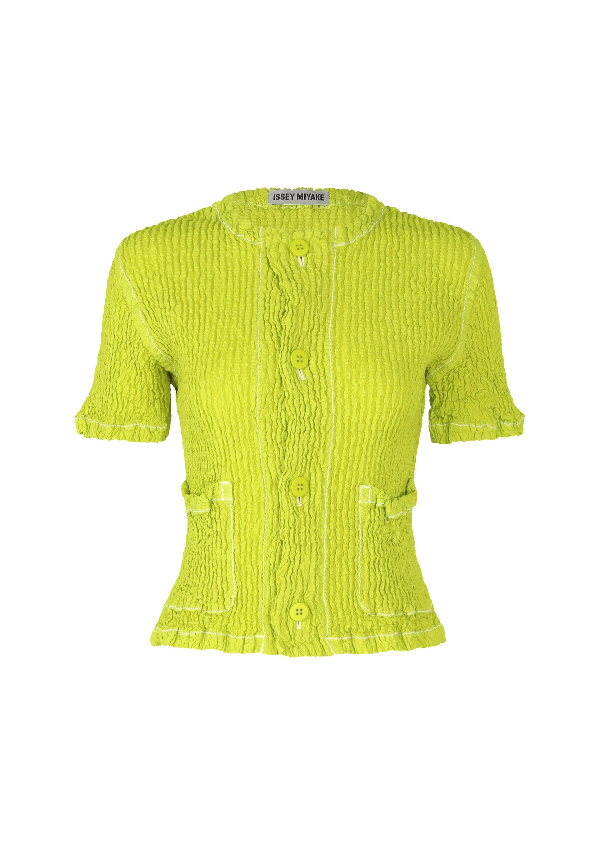 A product shot of the ISSEY MIYAKE WAVELET ENSEMBLE cardigan in parakeet green (64).