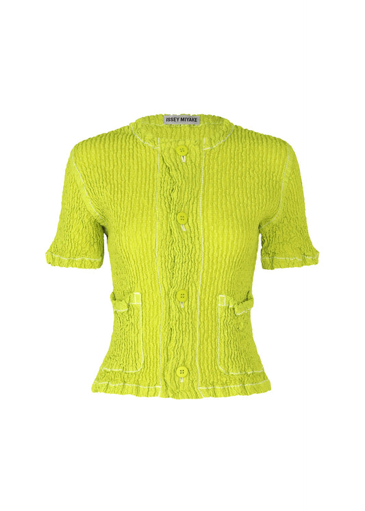 A product shot of the ISSEY MIYAKE WAVELET ENSEMBLE cardigan in parakeet green (64).