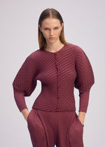 A model wears the ISSEY MIYAKE SLEEK PLEATS sleek-pleats-cardigan-black-1.
