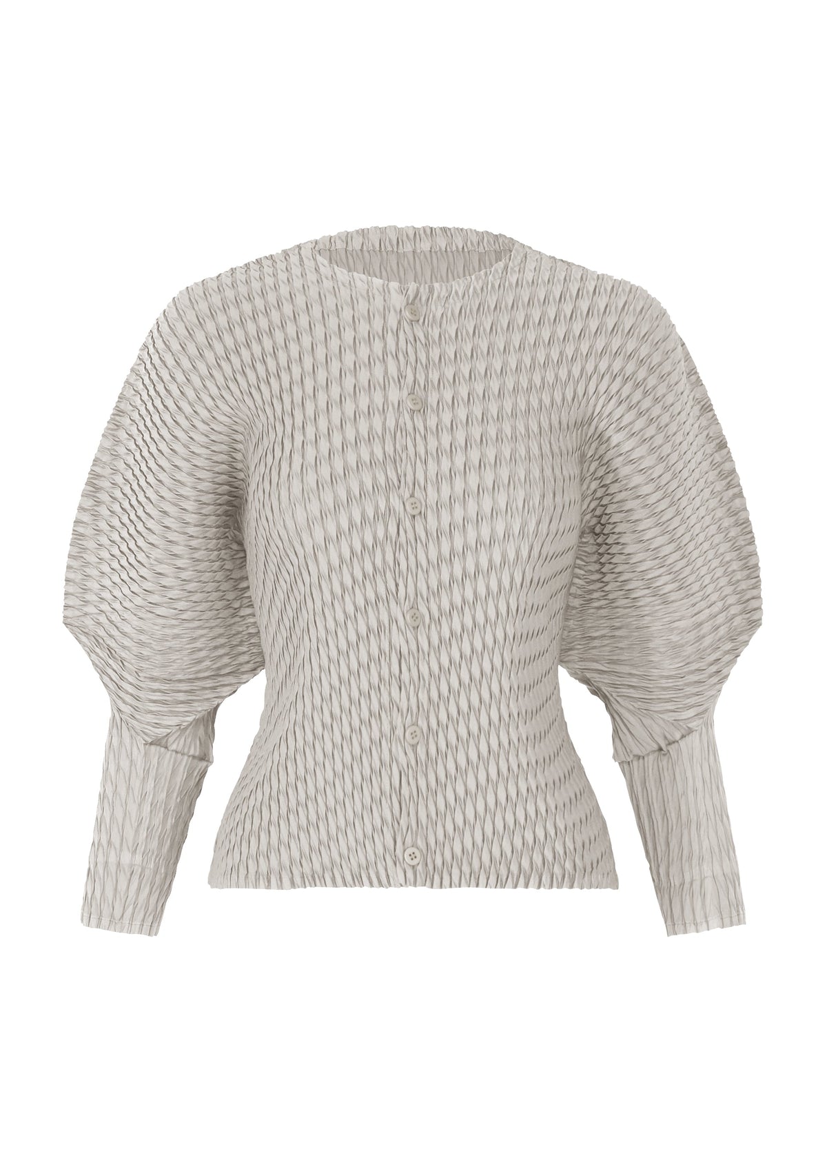 A product shot of the ISSEY MIYAKE SLEEK PLEATS cardigan in light gray.