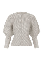 A product shot of the ISSEY MIYAKE SLEEK PLEATS cardigan in light gray.