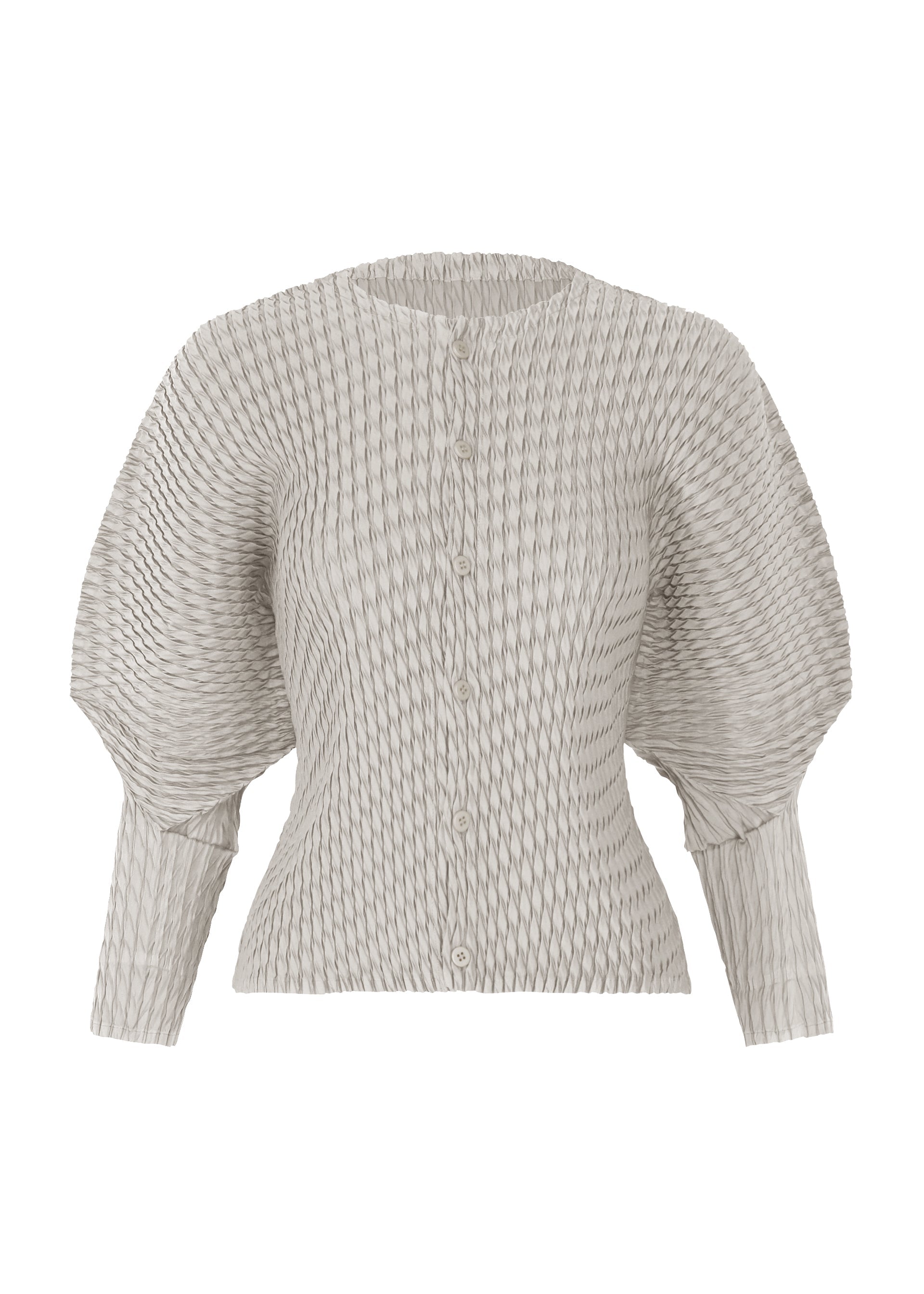 A product shot of the ISSEY MIYAKE SLEEK PLEATS cardigan in light gray.