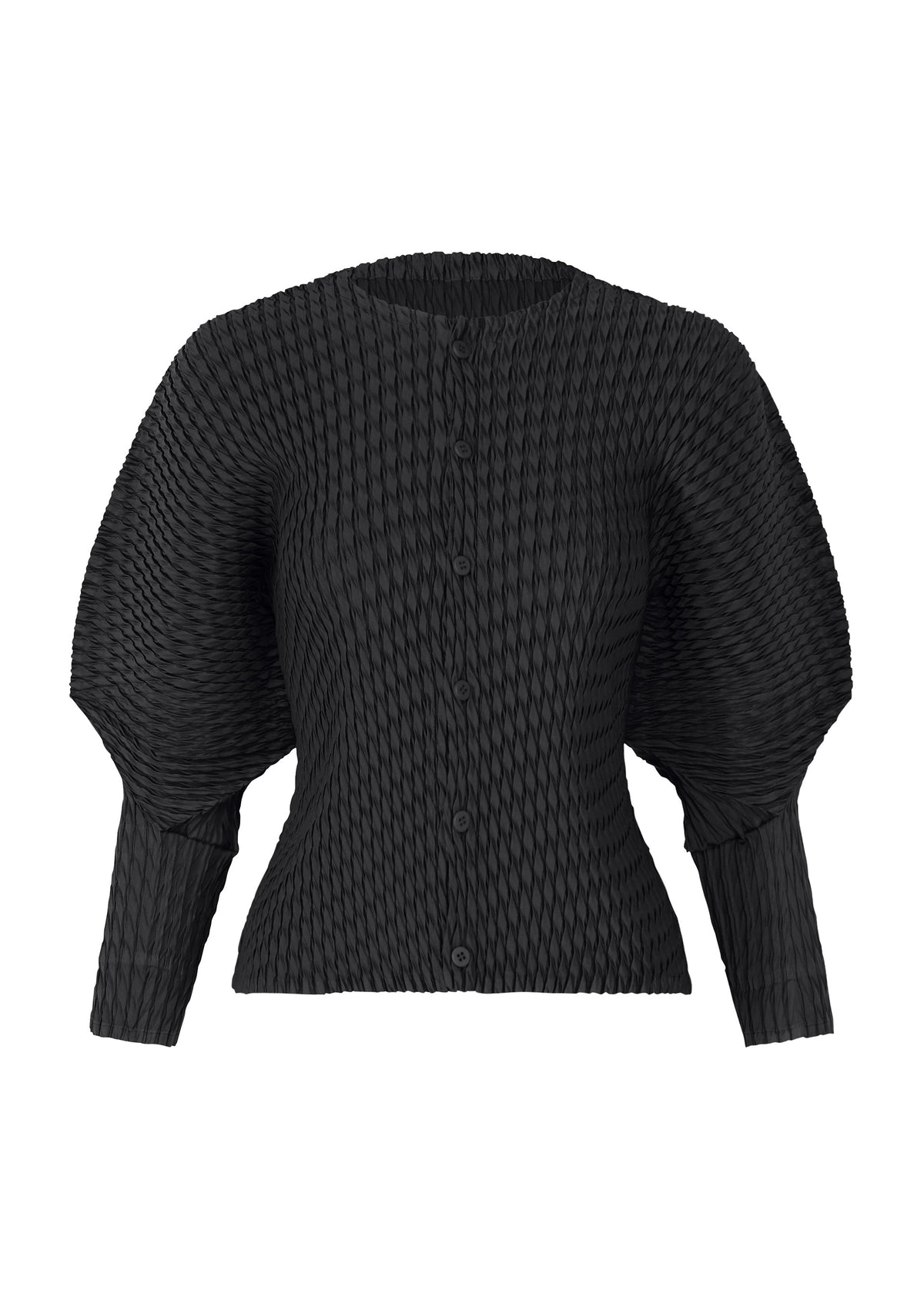 A product shot of the ISSEY MIYAKE SLEEK PLEATS cardigan in black.