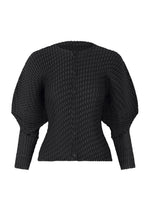 A product shot of the ISSEY MIYAKE SLEEK PLEATS cardigan in black.