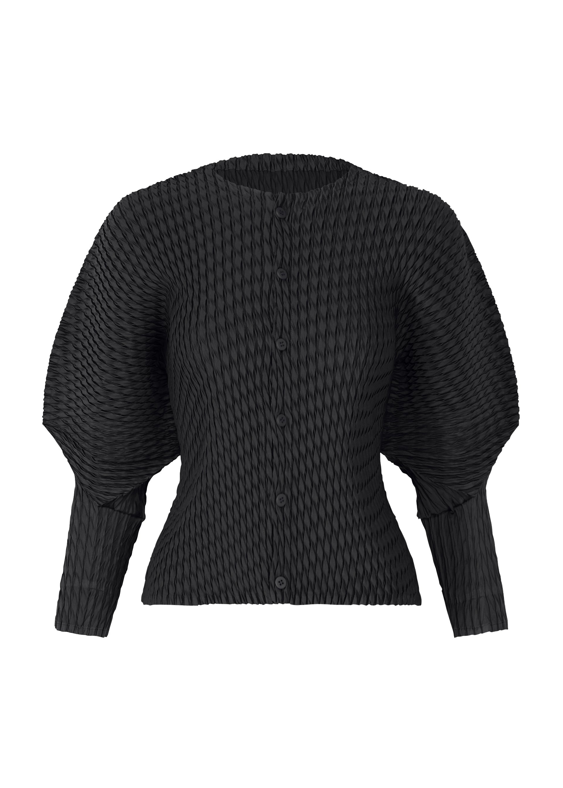 A product shot of the ISSEY MIYAKE SLEEK PLEATS cardigan in black.