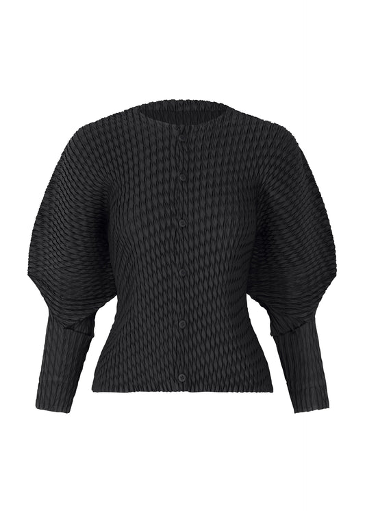 A product shot of the ISSEY MIYAKE SLEEK PLEATS cardigan in black.