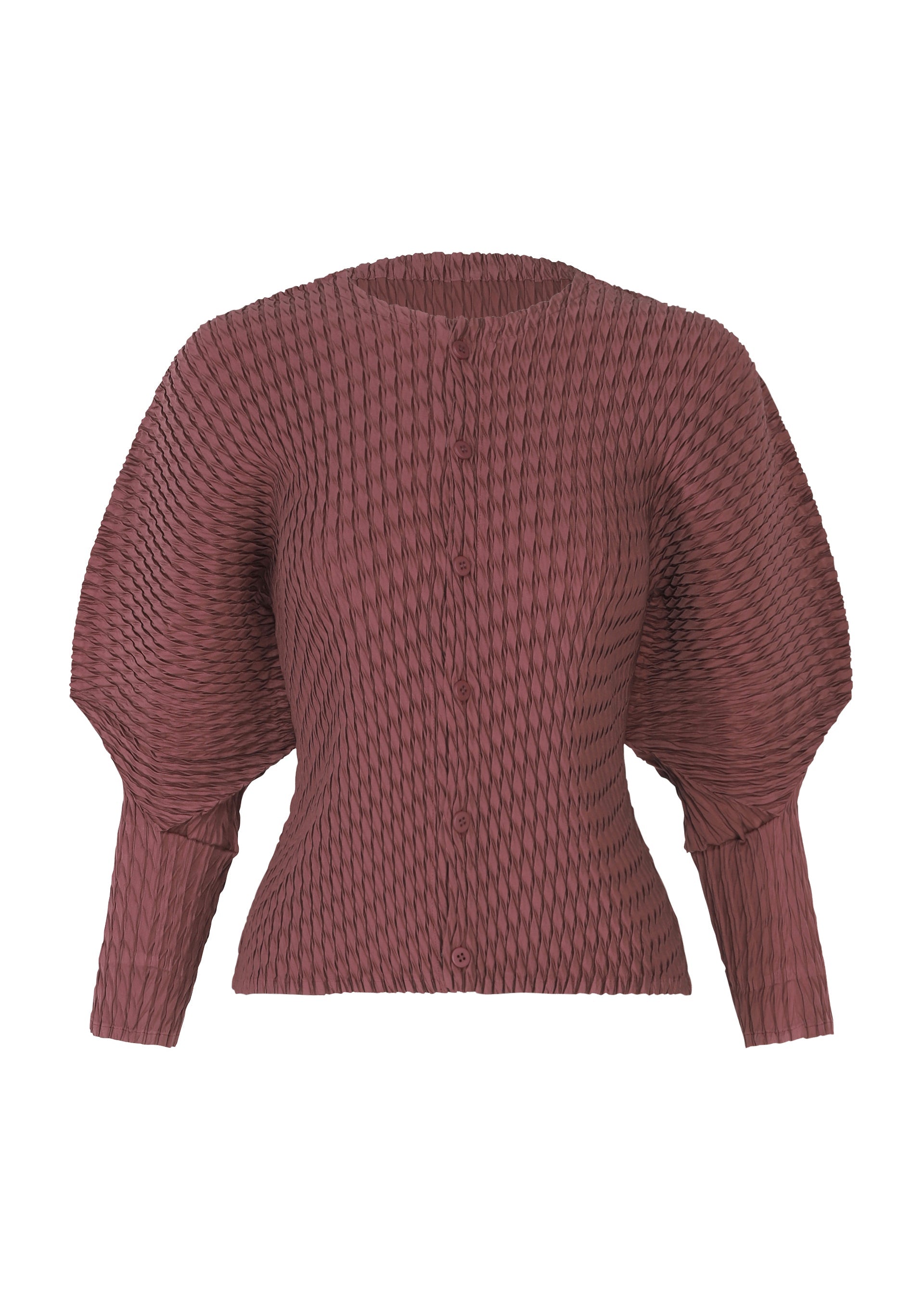 A product shot of the ISSEY MIYAKE SLEEK PLEATS cardigan in burgundy.