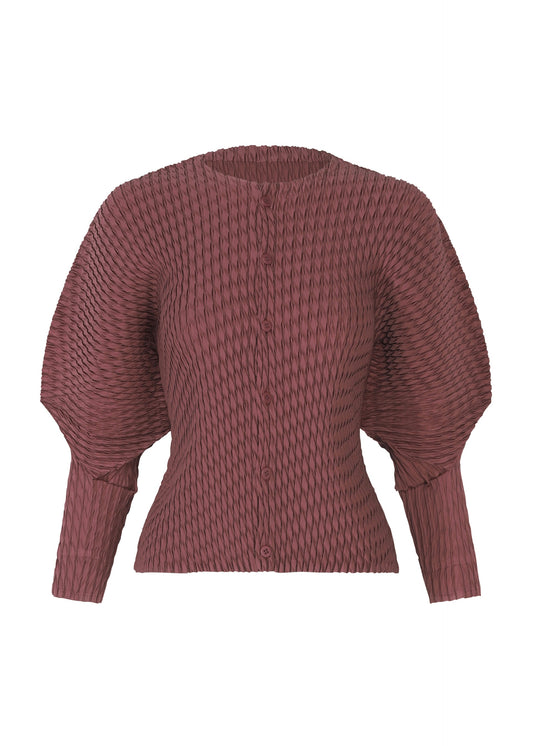 A product shot of the ISSEY MIYAKE SLEEK PLEATS cardigan in burgundy.